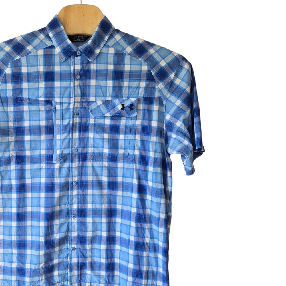 Under Armour Mens XL Blue Plaid Short Sleeve Ventilated Fishing Hiking Shirt